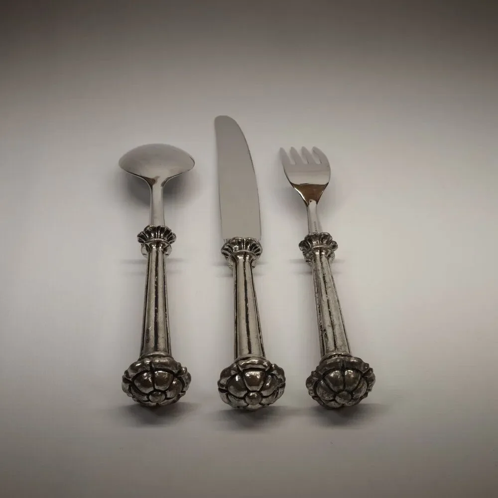 Italian 95 % Pewter Handle Flatware 3 Piece Place Setting 18/10 Stainless Steel